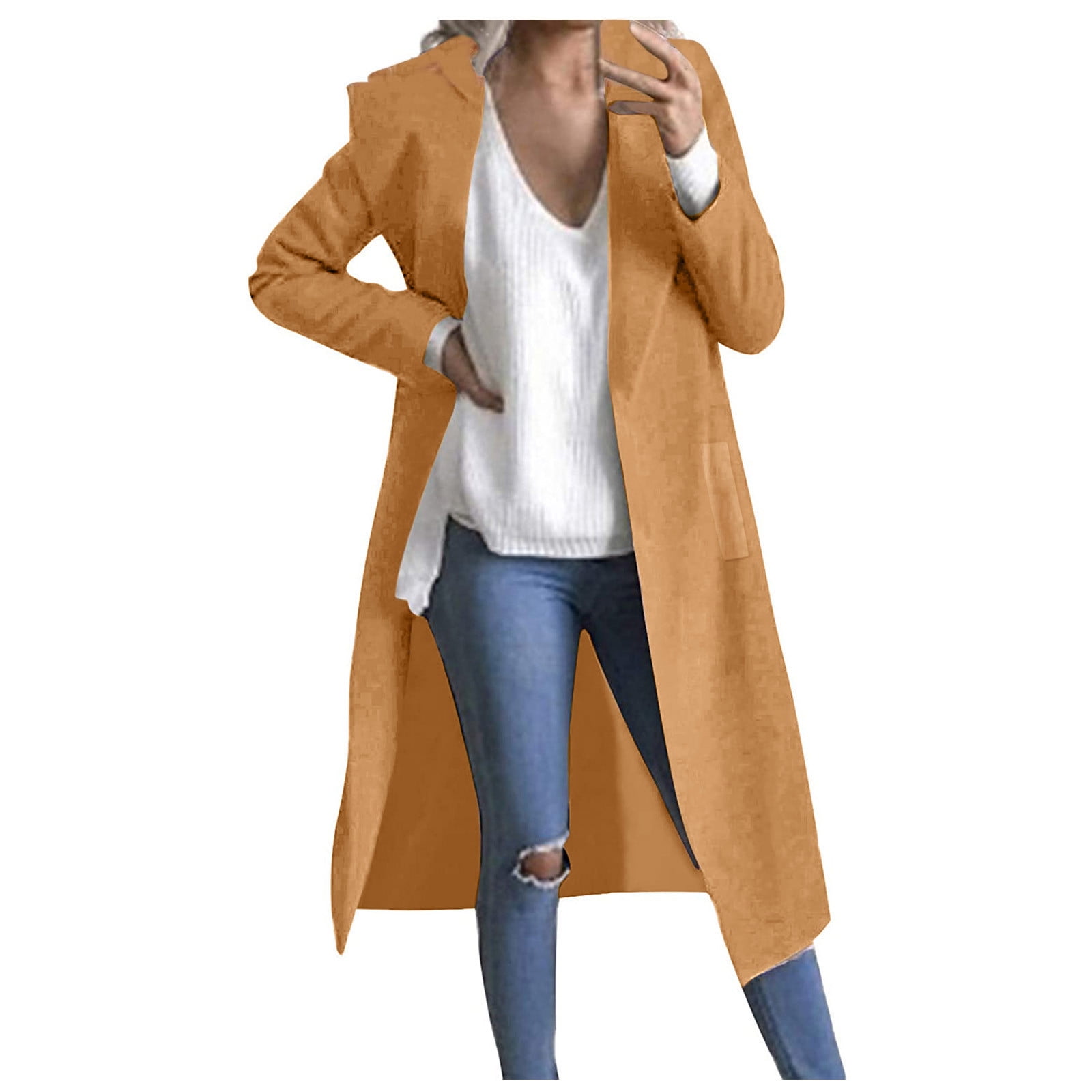 Fomlatr Women s Faux Wool Thin Coat Trench Jacket Ladies Slim Long