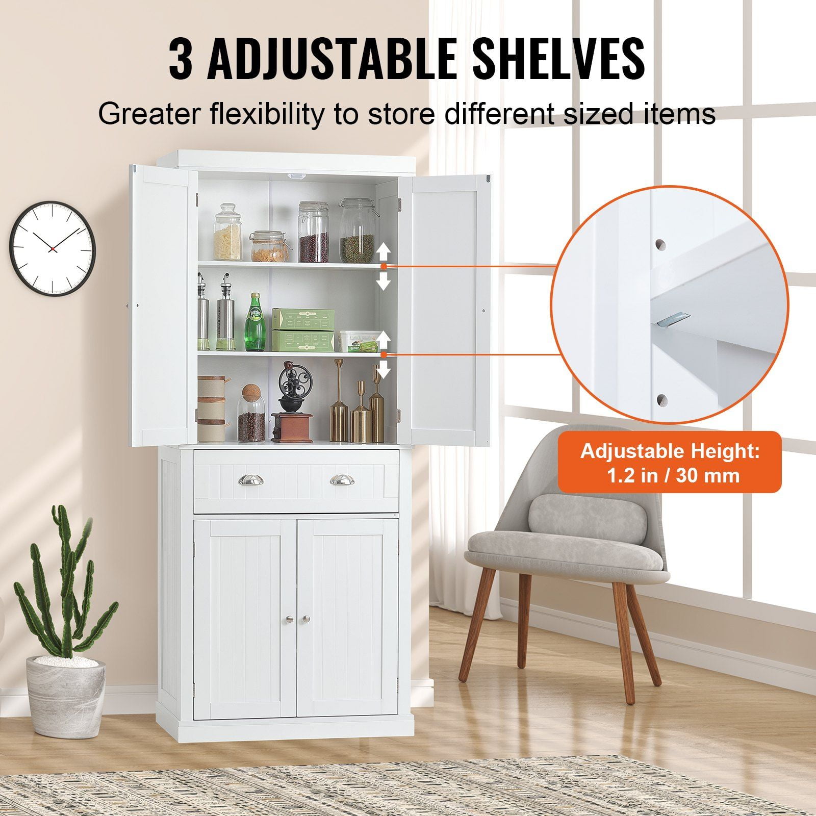 72 Inch Kitchen Pantry Cabinet with Doors, 3-Tier Adjustable Shelves & Drawer, White Freestanding Storage for Food, Living Room