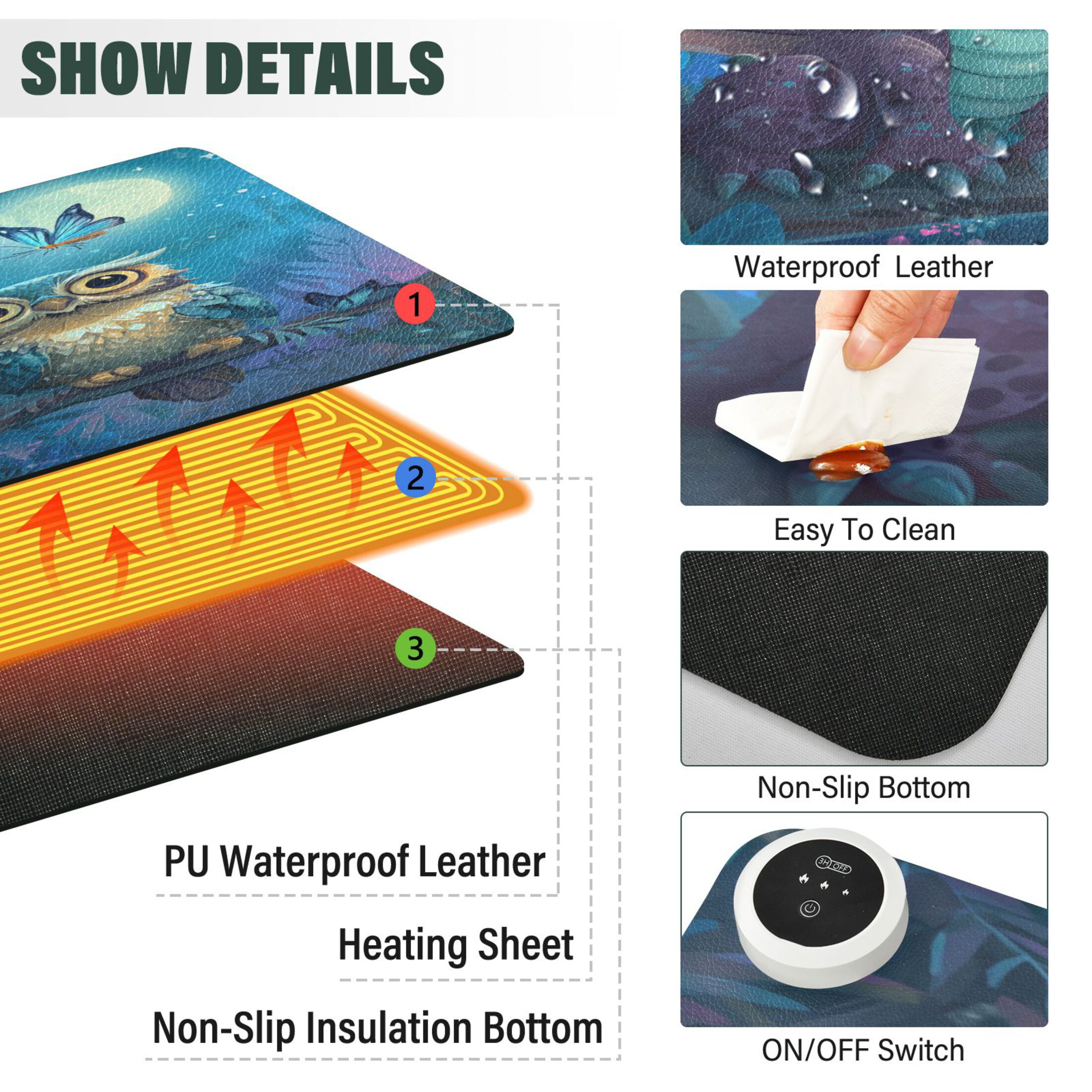 Wobogo Cute Dragon Owl Heated Mouse Pad Extra-Large Desk Mat With 3 Heating Levels and 3-hour Auto Shut-Off Protection Ideal for Computer Keyboards Home Office Hand-warming Essential 31.5in × 13in