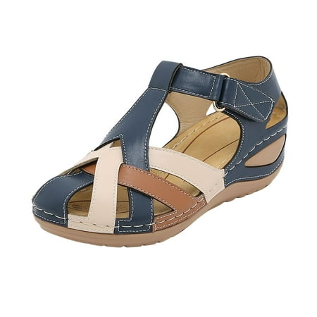 

Ladies Shoes Summer Wedge Heel Hollow Breathable Large Size Ladies Sandals Pu sandals for Women Blue