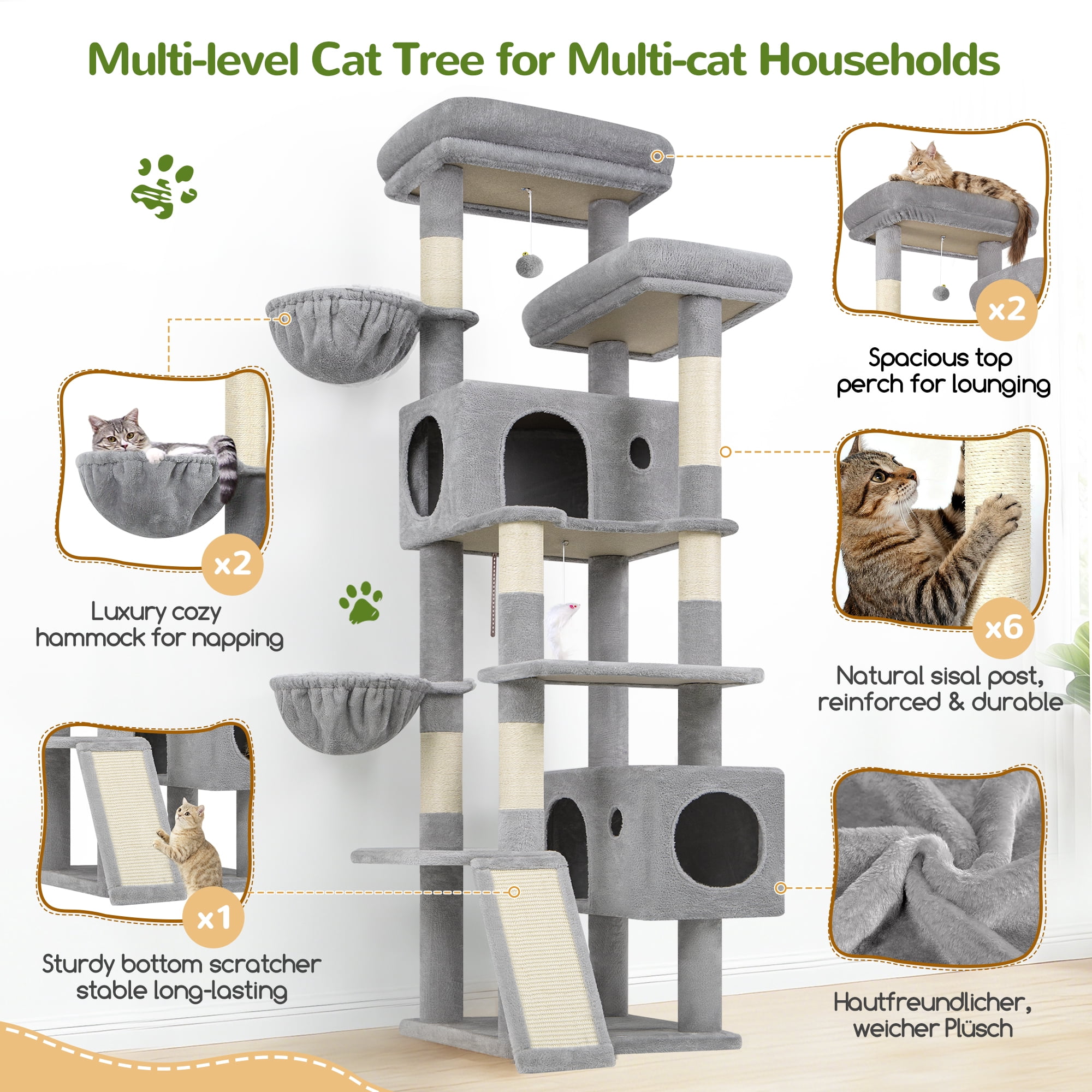 Globlazer 77" Large Cat Tree and Tower Condo for Indoor Cats with Sisal Scratching Posts, Condos, Hammock & Hammock, Light Gray