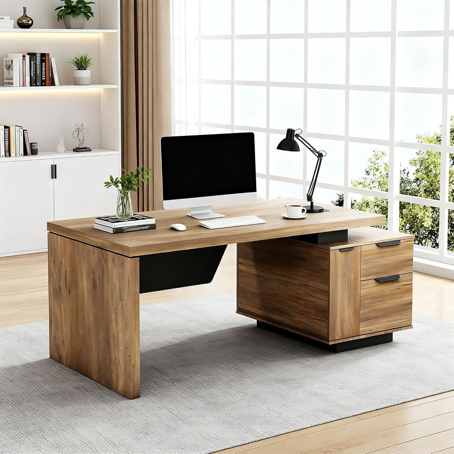 Rectangle Executive Desk Width Adjustable with Cabinet File Drawer Cable Management Right Cabinet