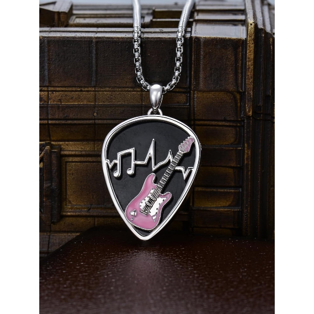 CACA LADY Guitar Pick Holder Necklace Guitar Pick Necklace for Men Sterling Silver Soundwave Guitar Pick Necklace Holder Guitar with Music Note Pendant Jewelry Guitar Gift for Guitar Players Lovers M