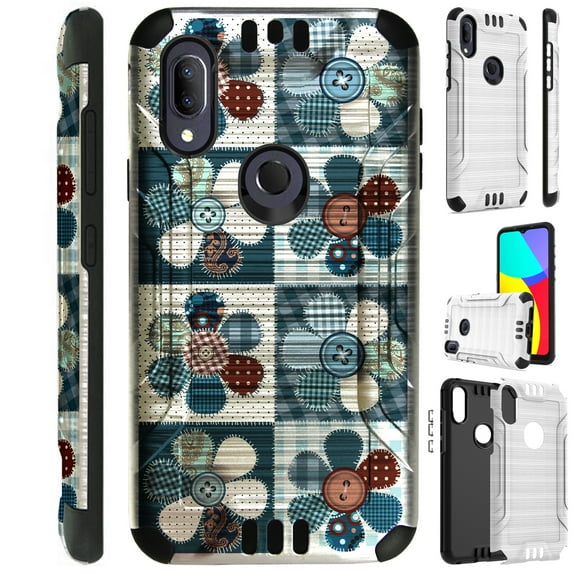 Compatible with Cricket Lumos | Alcatel AXEL Brushed Metal Texture Hybrid Silver Guard Phone Case Cover (Flower Patch)