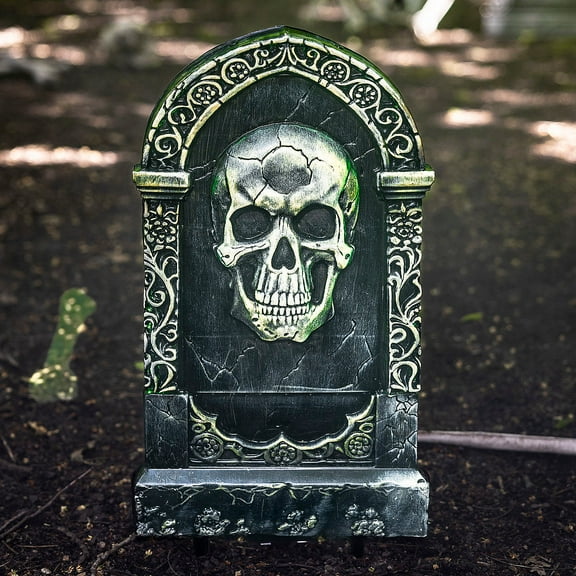 21" Light-Up Tombstone with Skull Halloween Decoration