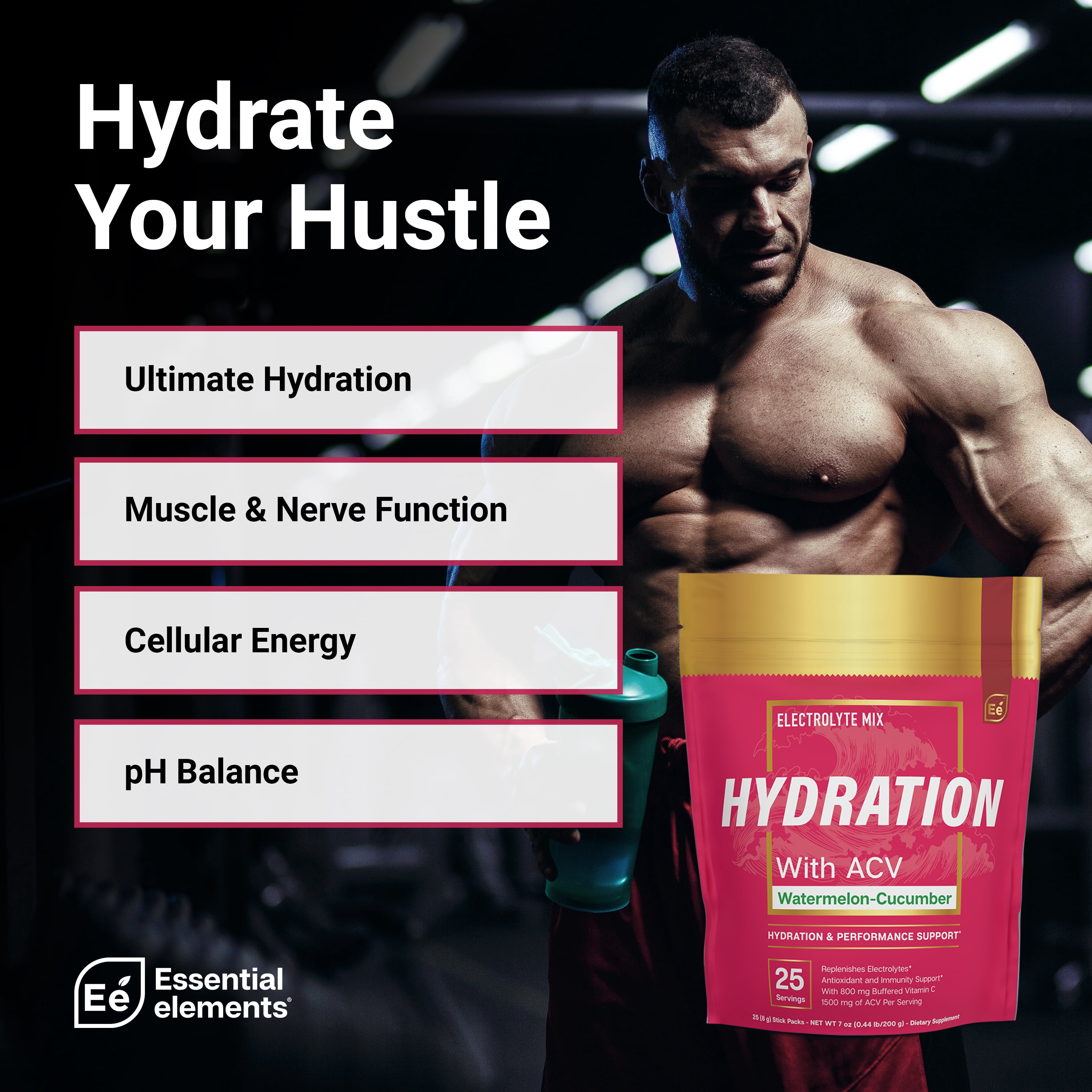 Essential Elements Hydration Watermelon Cucumber | Electrolyte Supplement with  ACV & Vitamin C, 100mg, 25 Stick packs