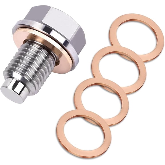 chasenew M12x1.5 Magnetic Oil Drain Plug, Magnetic Stainless Steel Oil Pan Drain Nut Bolt with 5PCS Copper Crush Washer Anti Leakage, Universal Leak-proof Replacement,Fits Most Cars,Motorcycles,Boats