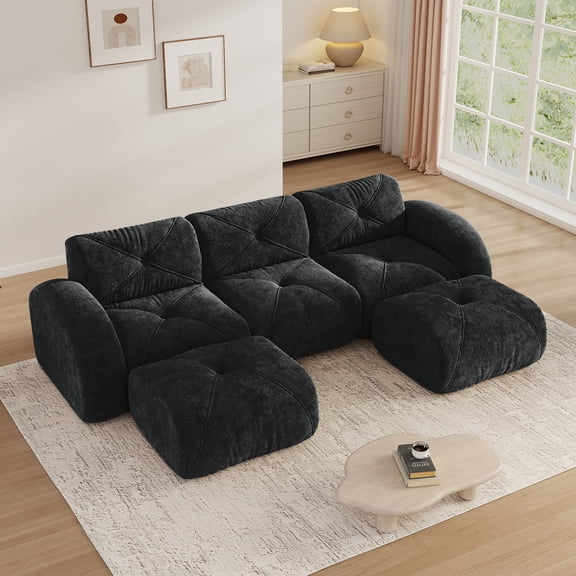 Aukfa Velvet Tufted Modular Sectional Sofa, 5-Piece U-Shaped Boneless Living Room Couch with 2 Ottomans, Black