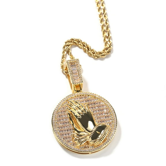 Round Medallion 14K White Gold Pendant Necklace Iced Out Baguettecz Pray Hands Charms Fashion Hip Hop Jewelry for Gift