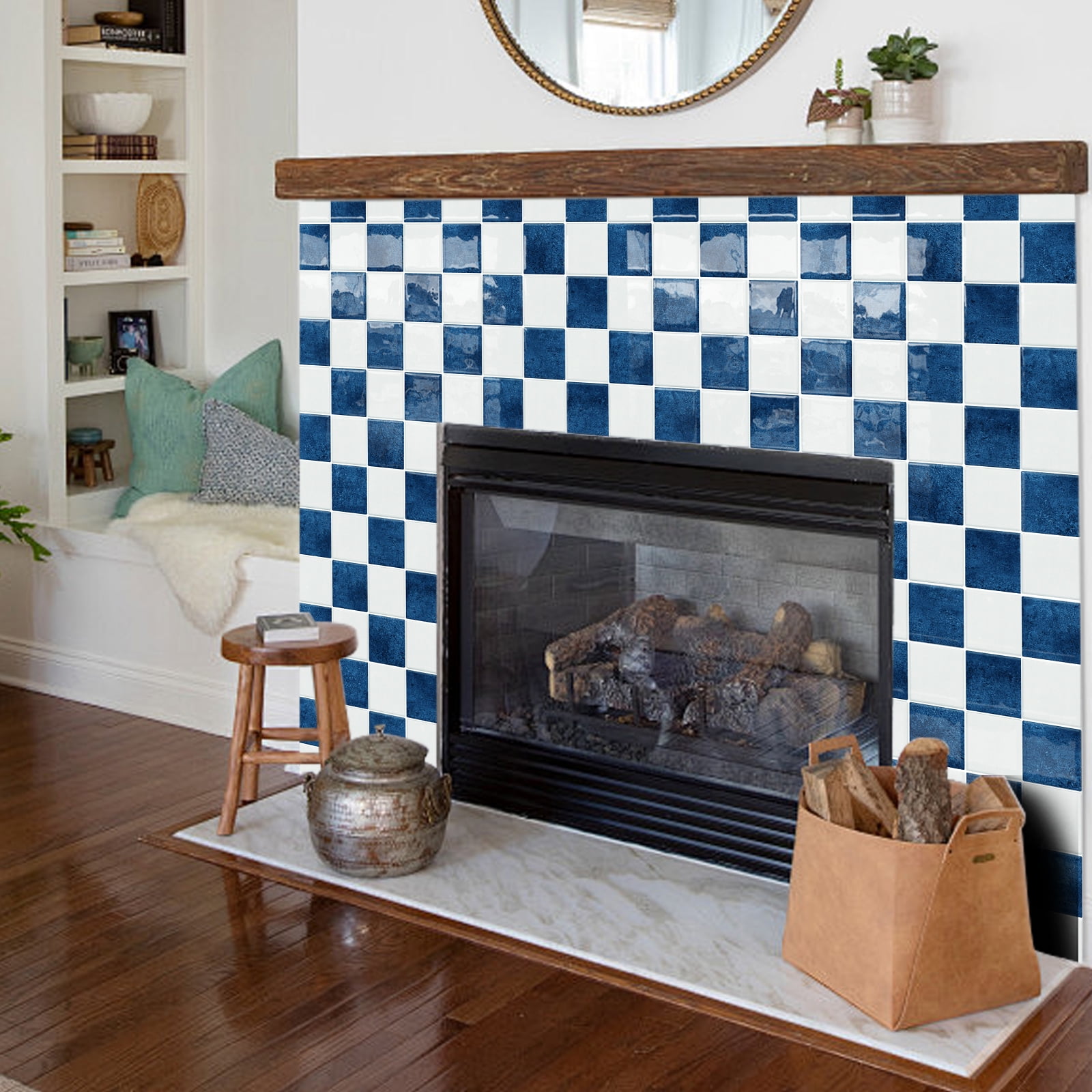 DEWOO Thick Peel and Stick Backsplash Tiles Kitchen Bathroom Square Self Adhesive Wall Tile Checkerboard Checkered Stickers,Blue (10-Sheet, 9"×9")