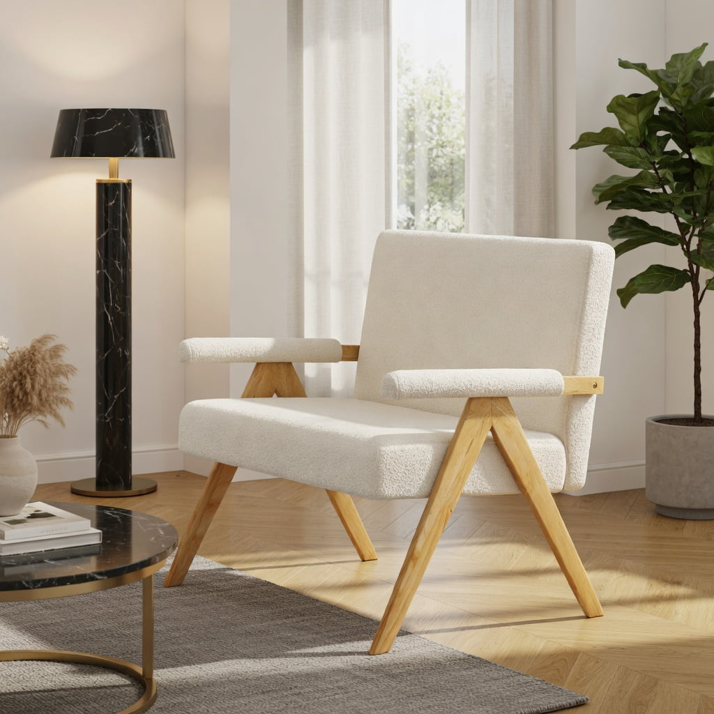 Hommoo Loveseat Sofa with Wooden Legs, Sherpa Fabric Upholstered 2-Seater Couch for Compact Living Room, Dorm & Office Sofa, Beige