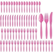 Party City Assorted Disposable Cutlery Set, 64-Piece Set (Bright Pink) - 32 Forks, 16 Knives & 16 Spoons - Go Brightly Heavy Duty Disposable Plastic Forks, Spoons & Knives - Party Supplies Cutlery