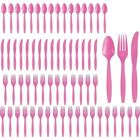 Party City Assorted Disposable Cutlery Set, 64-Piece Set (Bright Pink) - 32 Forks, 16 Knives & 16 Spoons - Go Brightly Heavy Duty Disposable Plastic Forks, Spoons & Knives - Party Supplies Cutlery