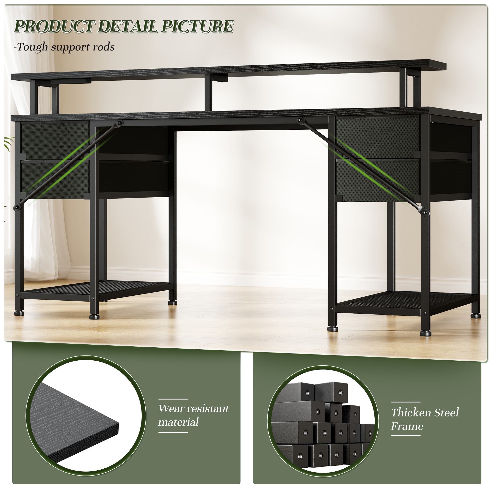 EnHomee Office Desk with 4 Fabric Drawers Gaming Desk with LED Light & Power Outlets Computer desk for Bedroom,Black