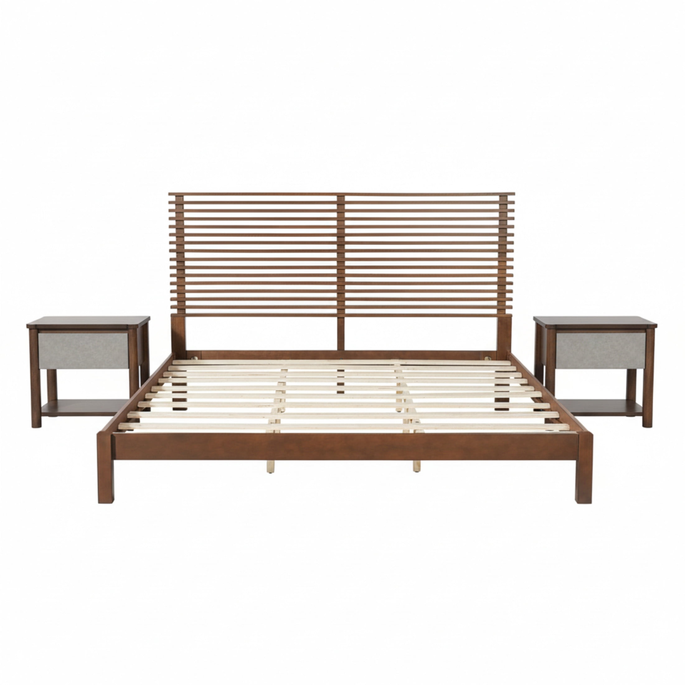 Christopher Knight Home King Wood Bed Frame with 2 Nightstands, Slatted Headboard Design, Walnut