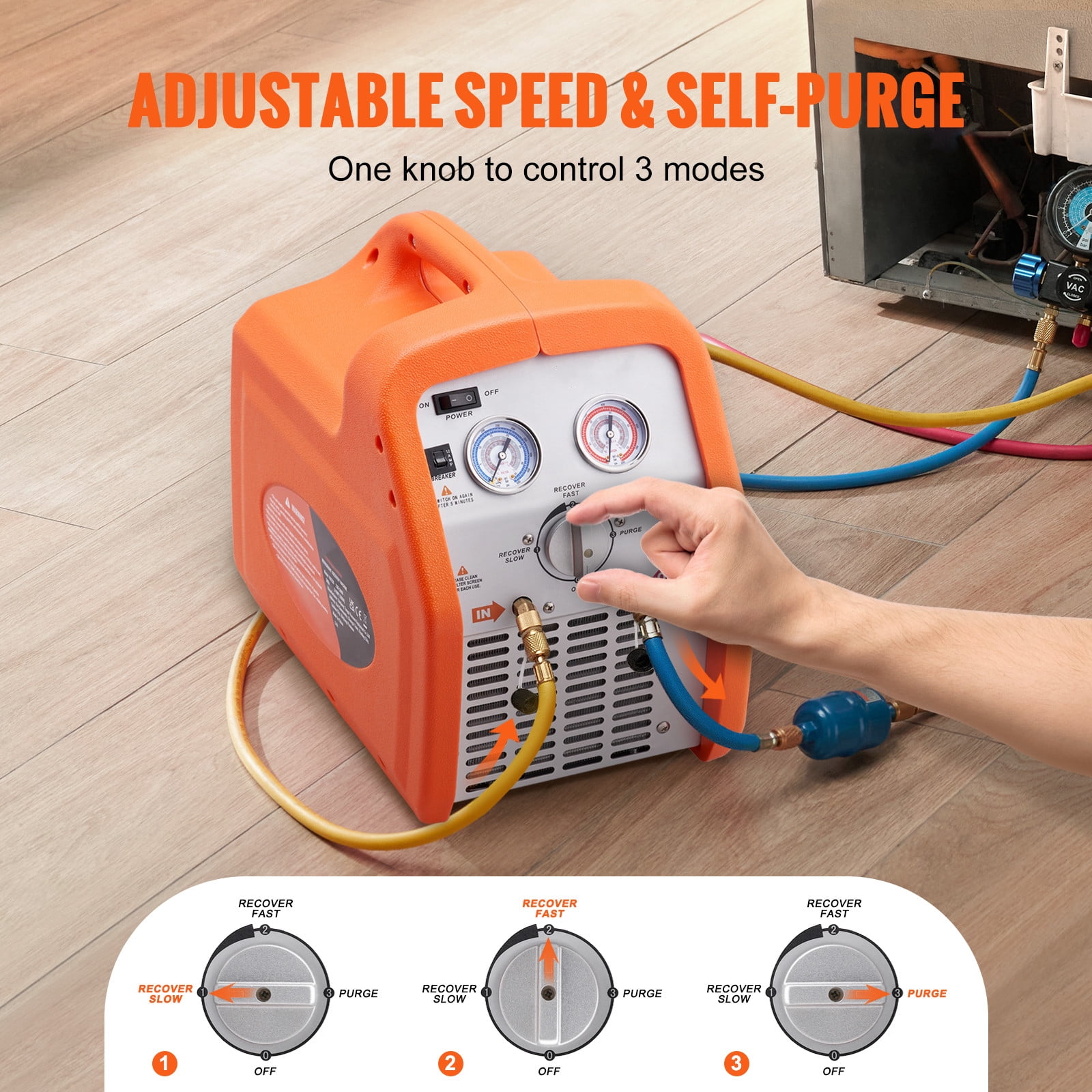 VEVOR Portable 1 HP Refrigerant Recovery Machine AC 120V 60Hz for Vapor Liquid Refrigerant with Self-cleaning Overcurrent Protection