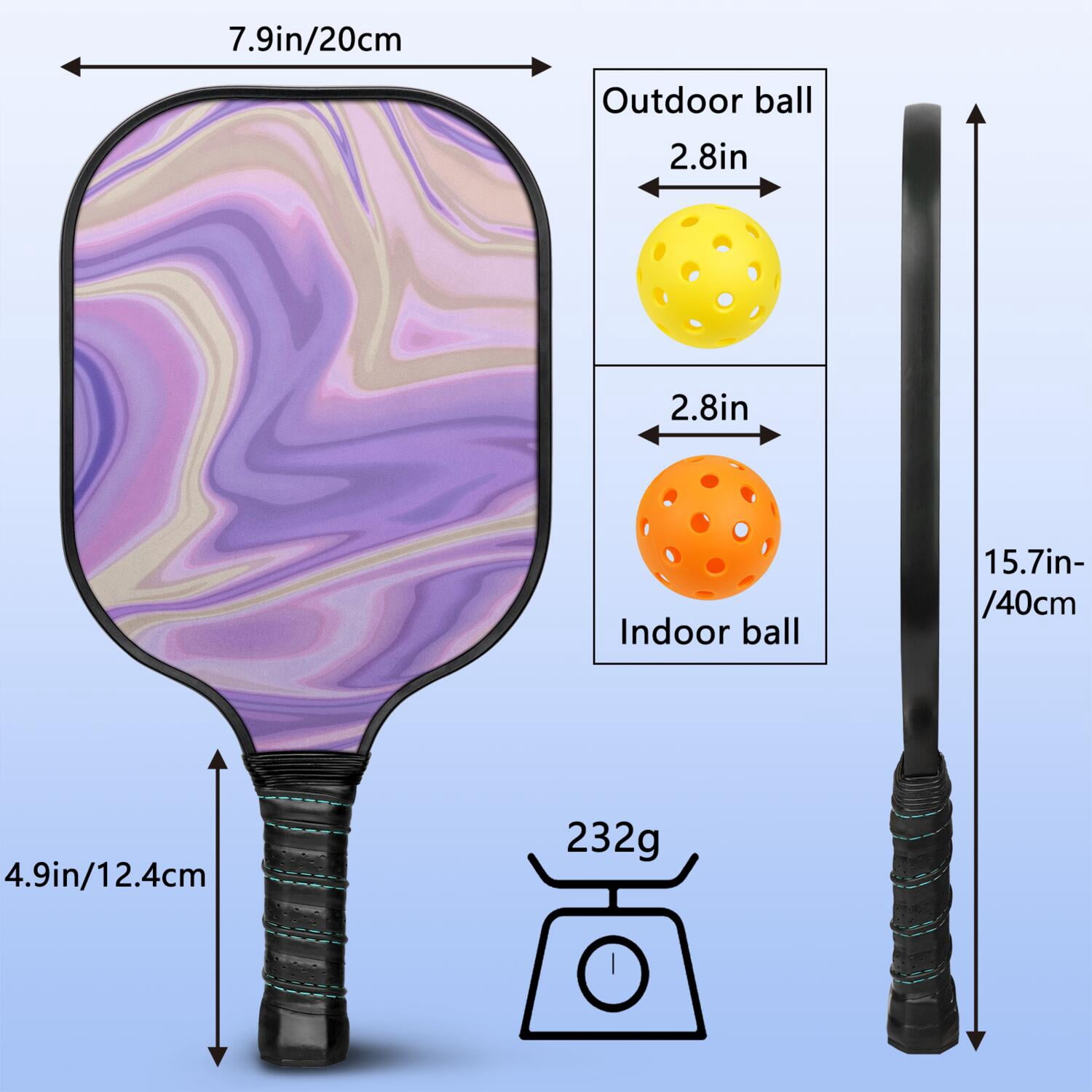 Pickleball Paddles Set Of 2, Fiberglass Surface, Liquid & Marble Print, 4 Balls & Bag