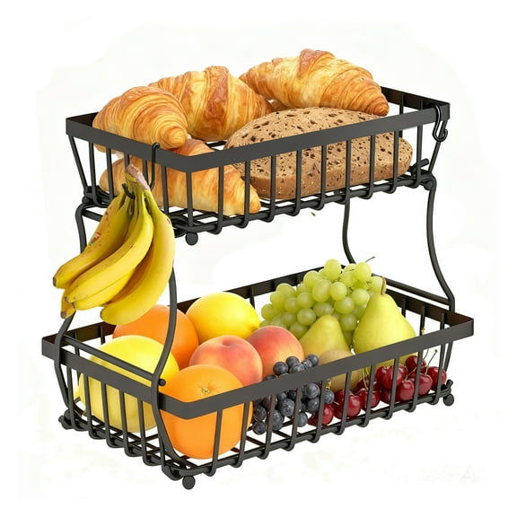 CISILOV 2 Tier Fruit Basket with 2 Mobile Banana Hangers, Countertop Fruit Vegetable Basket for Kitchen Counter, Metal Mesh Basket Storage Organizer for Vegetables Snacks Fruits, Black