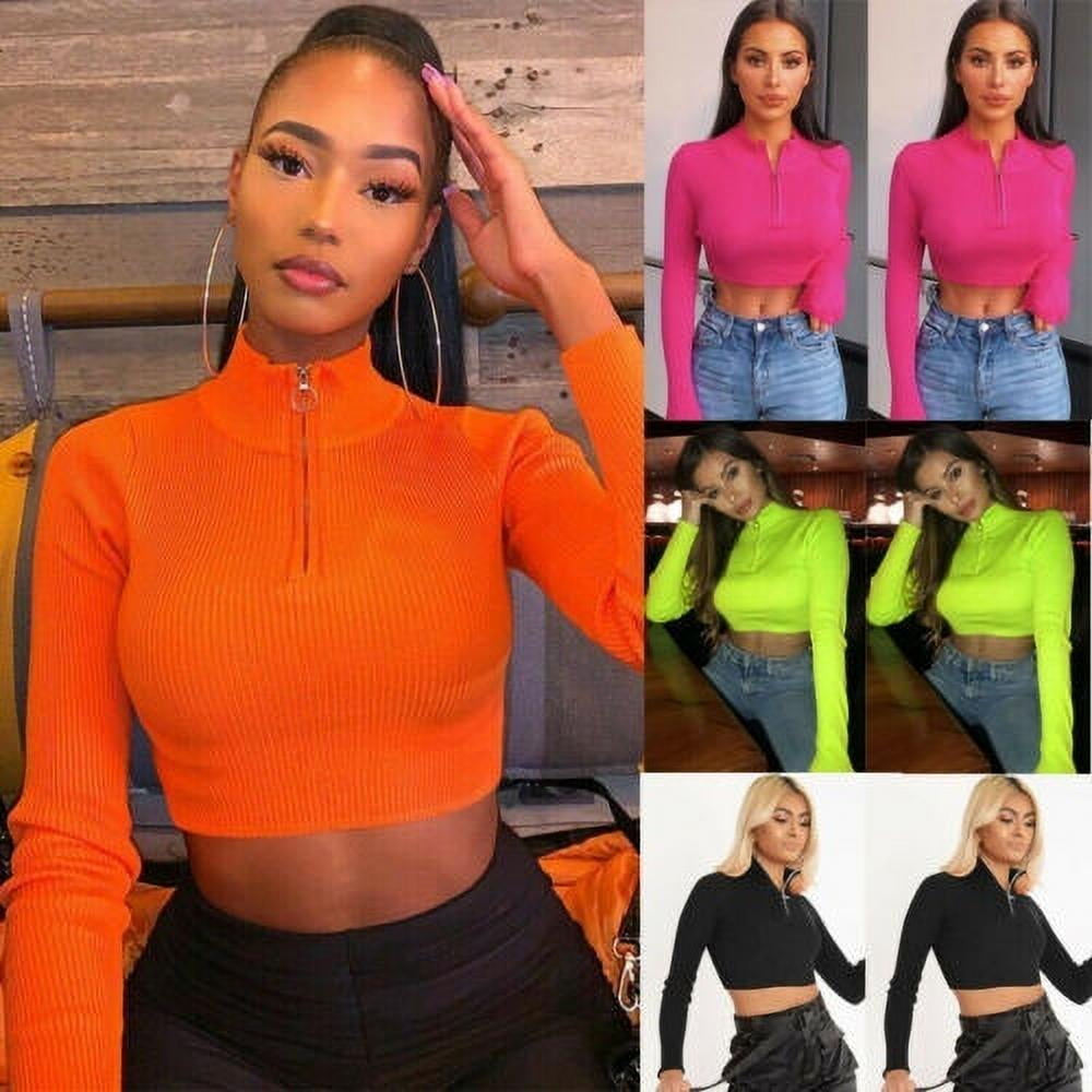 orange long sleeve turtleneck crop top