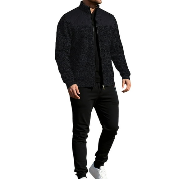 Men Leisure Splicing Knitting Zipper Cardigan Sweater Set