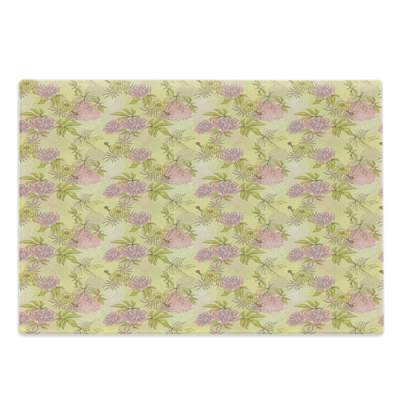 Garden Art Cutting Board, Tender Beauty of Spring Nature Theme with Hand Drawn Peony Blossoms and Buds, Decorative Tempered Glass Cutting and Serving Board, Large Size, Multicolor, by Ambesonne