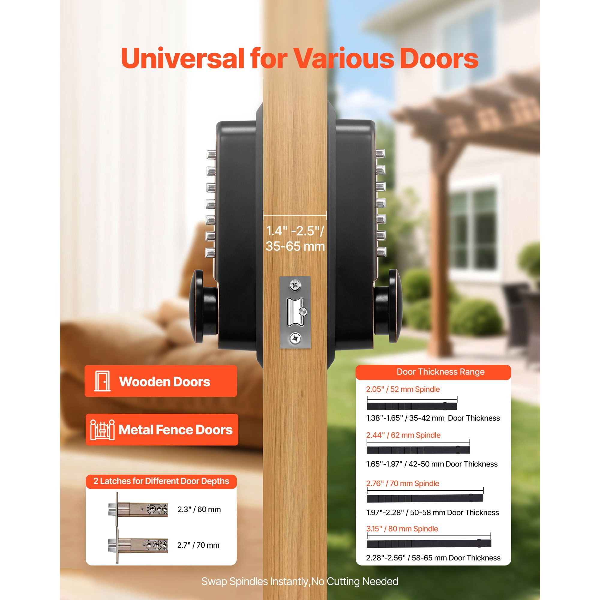 Mechanical Keyless Door Lock Gen2 Double-Sided 4-7 Digit Code No Batteries 1.4-2.5 Inch Door Thickness for Front Gate