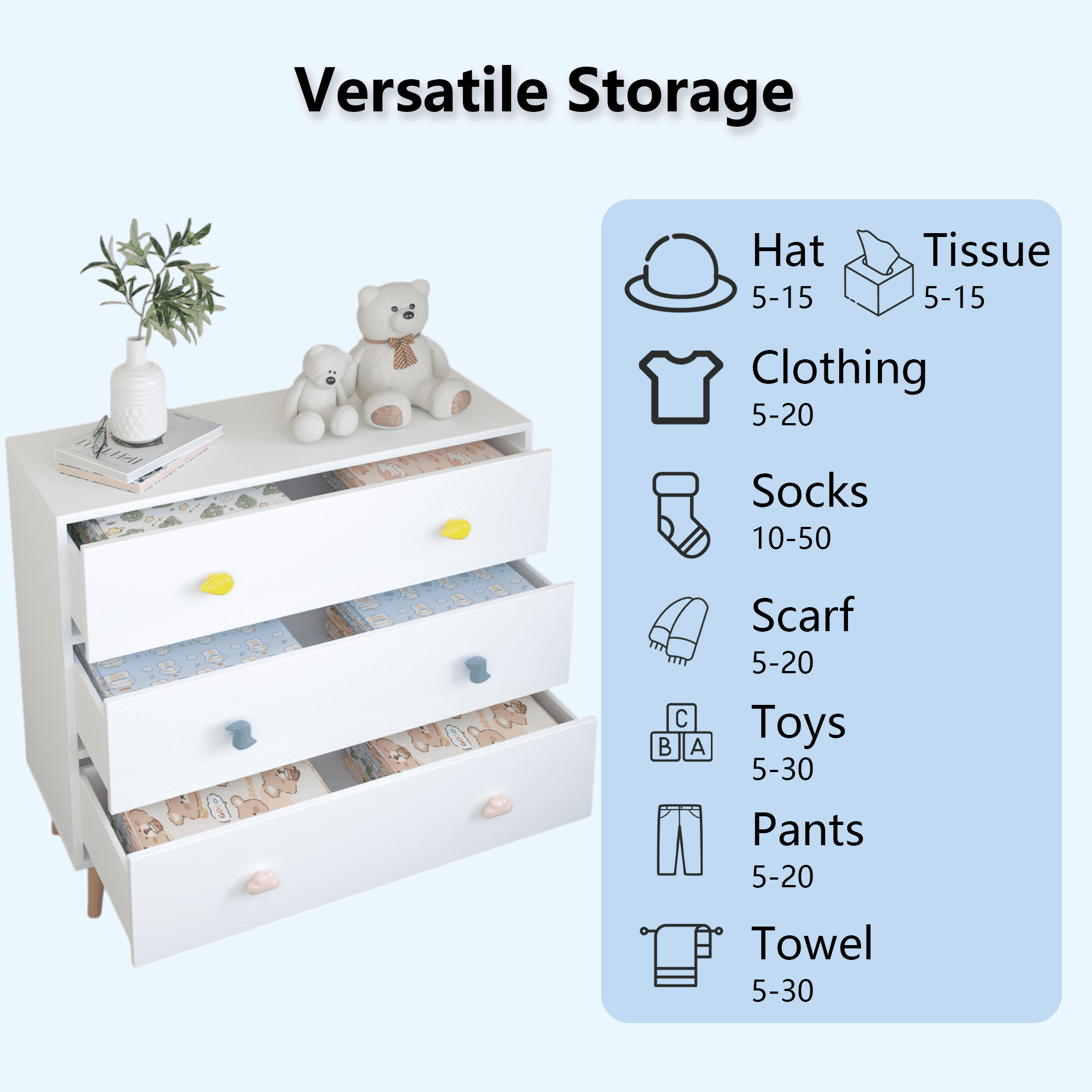 3 Drawer Dresser Kids Nightstand Modern Wood Chest of Drawers or Living Room,Nursery,Bedroom,White