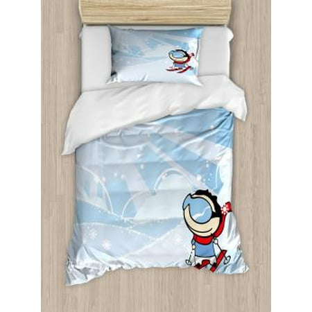 Mountain Twin Tip Skis Kids Sports Twin Size Duvet Cover Set, Cute Boy Skiing on the Mountain with Snowflakes and Sunshine Nursery Playroom, Decorative 2 Piece Bedding Set with 1 Pillow Sham, Multicolor, by Ambesonne ()