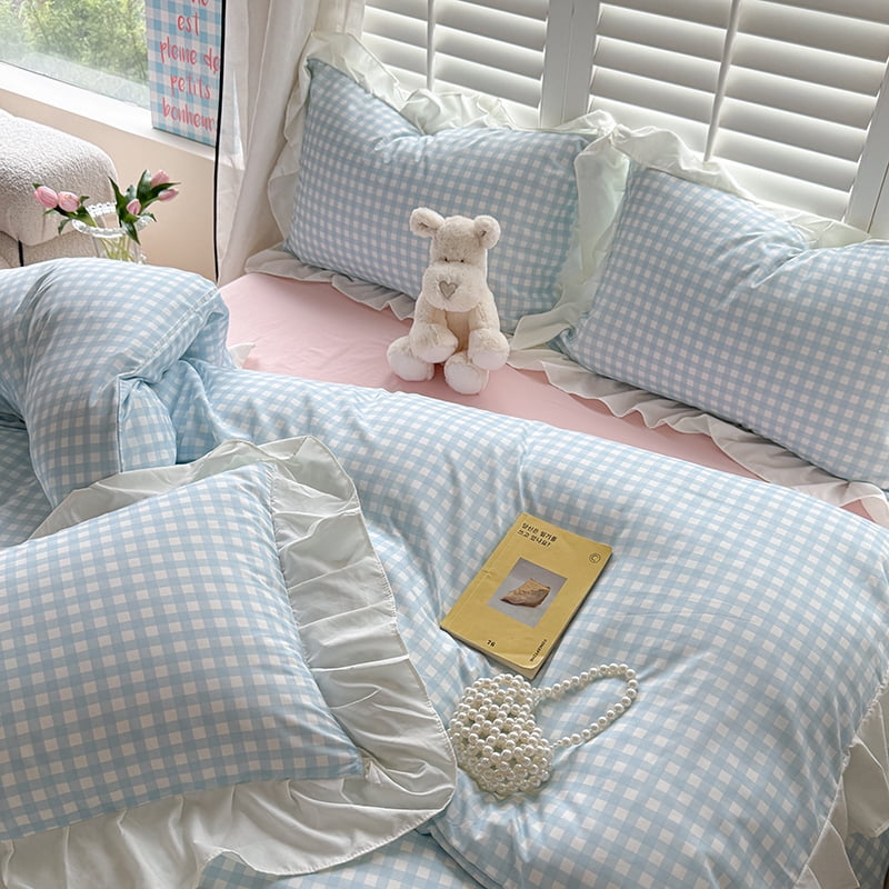Blue Gingham Ruffle Duvet Cover Queen Size Comforter Cover Set Vintage Plaid Checkered Farmhouse Bedding Set 89"x89" 3 Pieces
