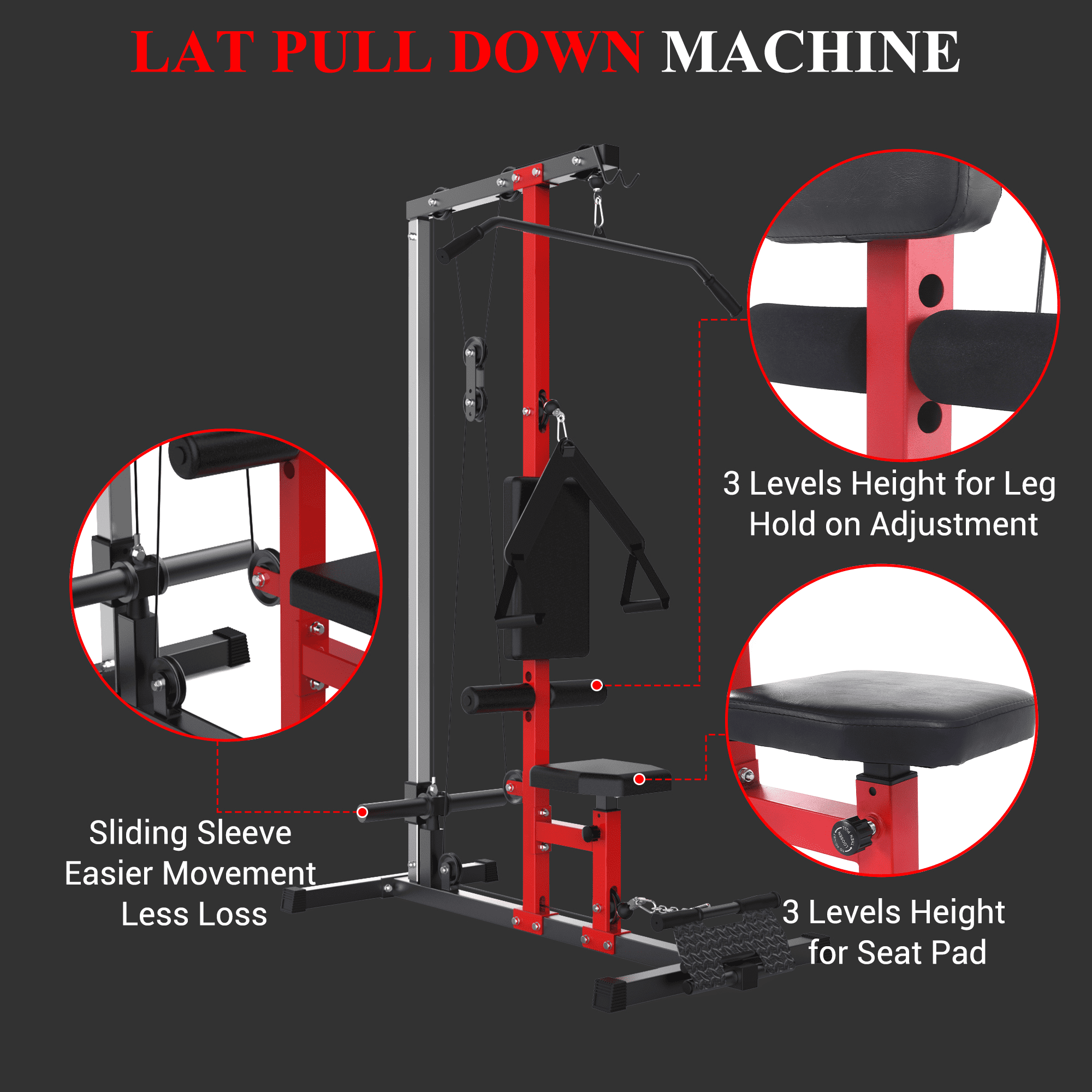 LAT Power Cable Machine, LAT Pull Down Machine with High and Low Pulley Station and Adjustable Leg Support, Back Exercise Equipment for Home Gym Body Strength Training