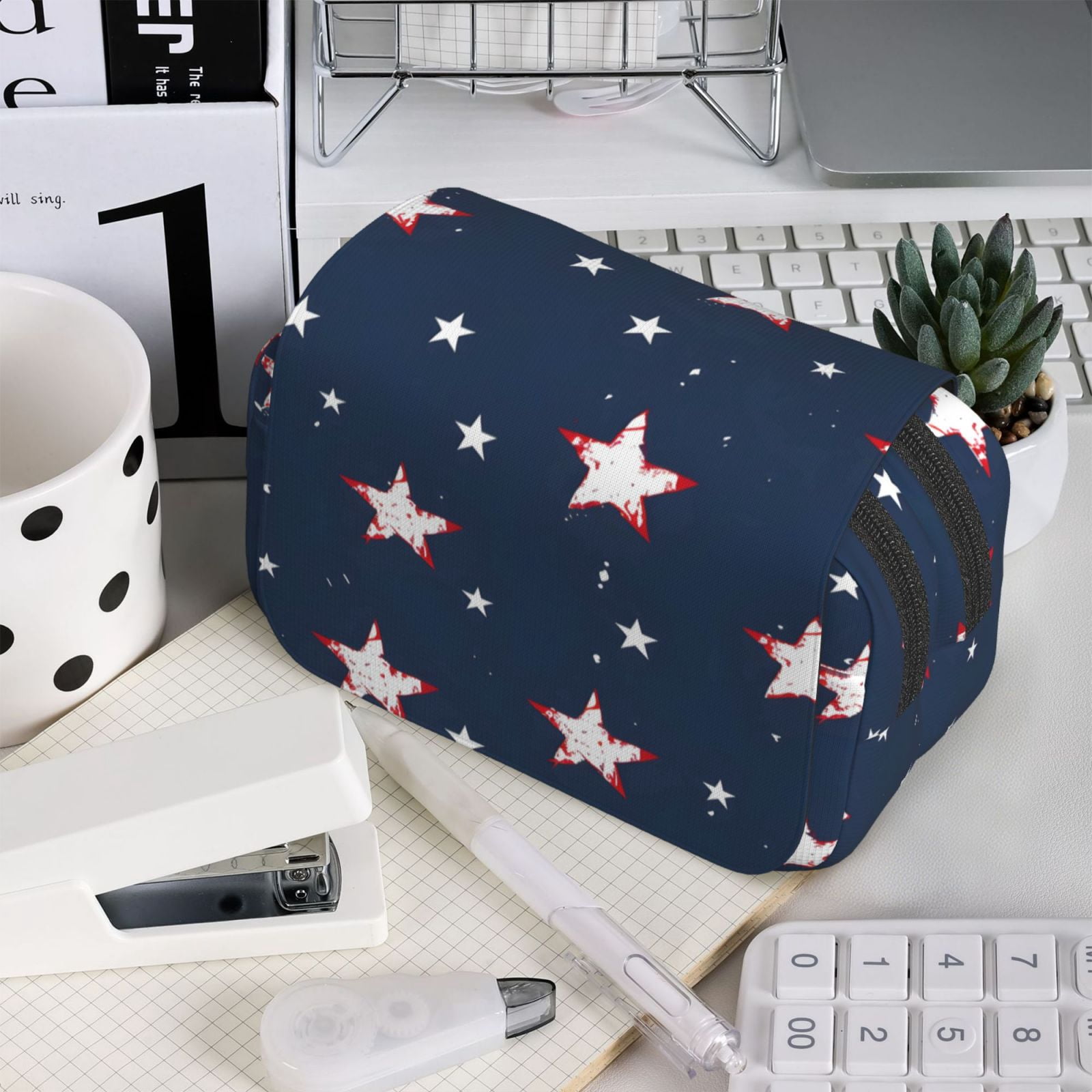 Large-Capacity Flip-Top Double-Layer Pencil Case, Multi-Functional Pocket Pen Case, Durable Stationery Organizer Independence Day Theme Star (12)