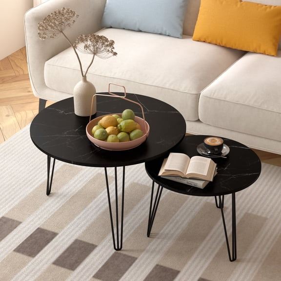 Noble House Braymor 27.6" Round Marble Nesting Coffee Table Set, Wooden Top with Metal Base, Black, Set of 2