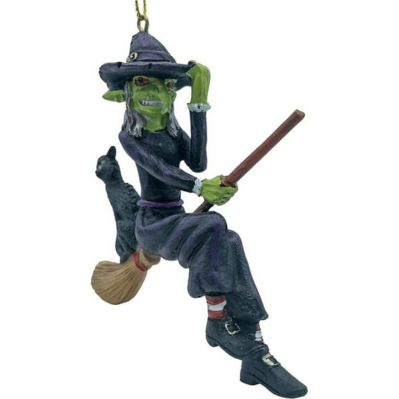Ugly Scary Witch Flying On Broomstick with Black Cat Halloween Christmas Ornaments