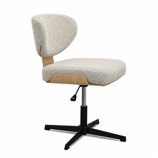 Fohfurniture Silla de Escritorio Giratoria sin Brazos, Asiento Ancho Tapizada en Tela Acolchada, Ajustable Base de Cruz sin Ruedas, Silla de tocador Madera y Tela Ideal para Dormitorios y Estudio