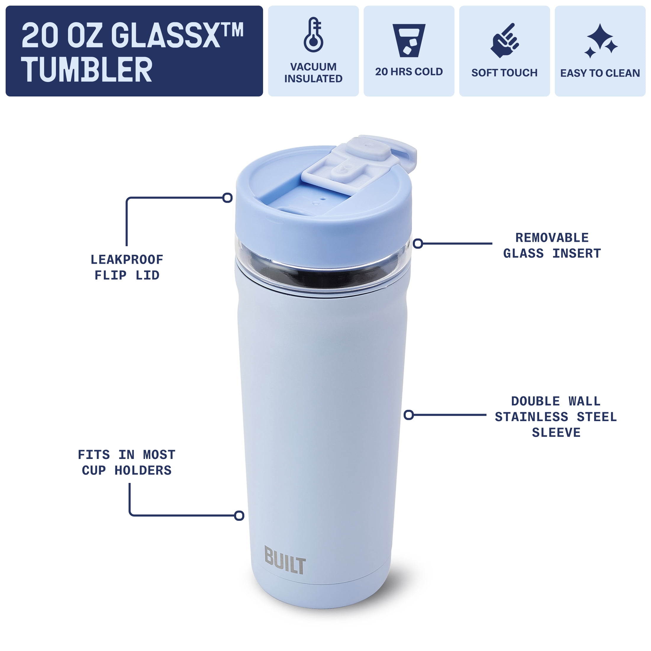 Built Torrent 20 oz Light Blue Insulated Stainless Steel Tumbler with Glass Interior