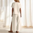 thumbnail image 5 of Women Linen Sets 2 Piece Outfits Short Sleeve Asymmetrical Shirt Split Wide Leg Pants 2026 Summer Trendy Boho Pant Suits,Beige L, 5 of 8