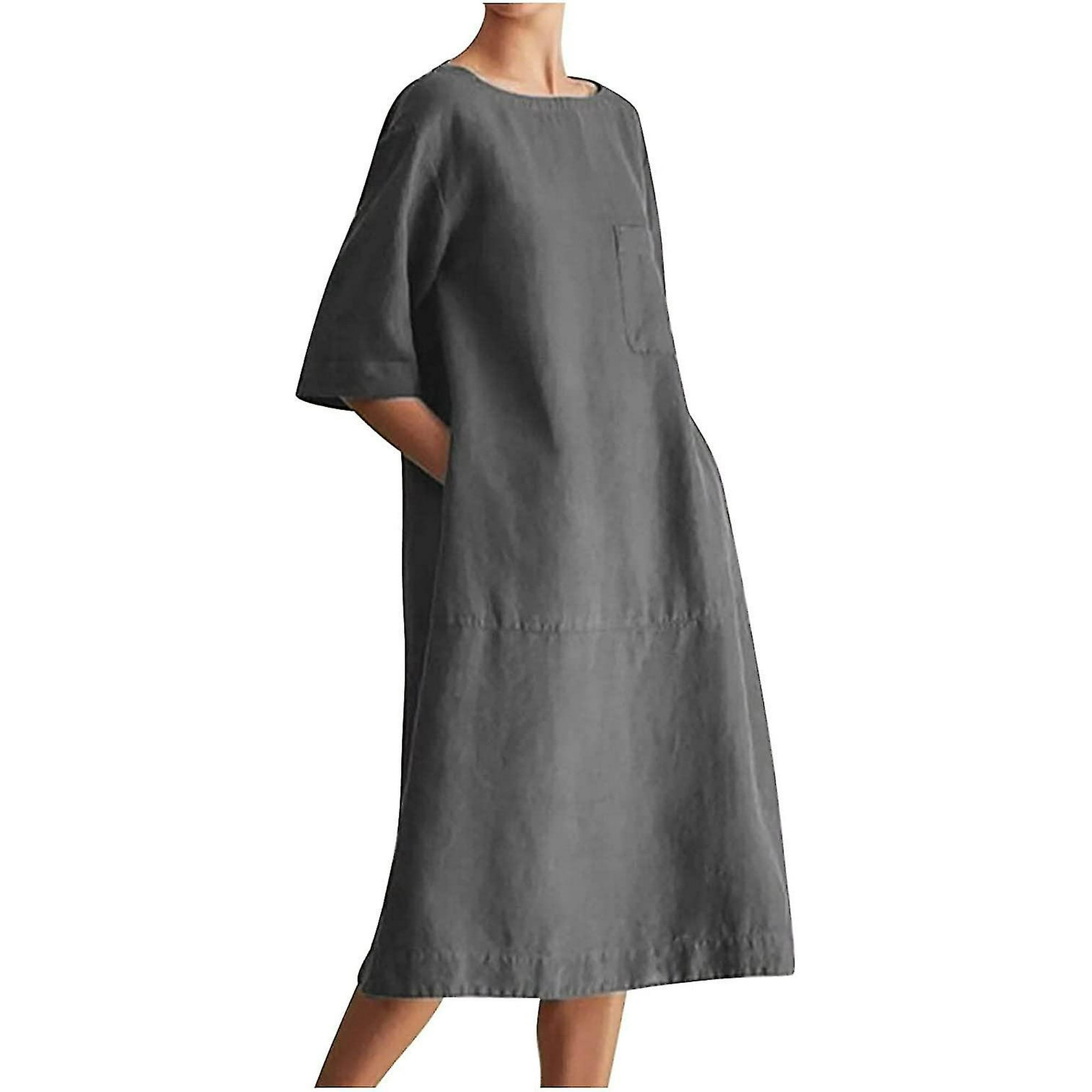Ladies Solid Color Cotton Linen Casual Dress Loose Linen Maxi