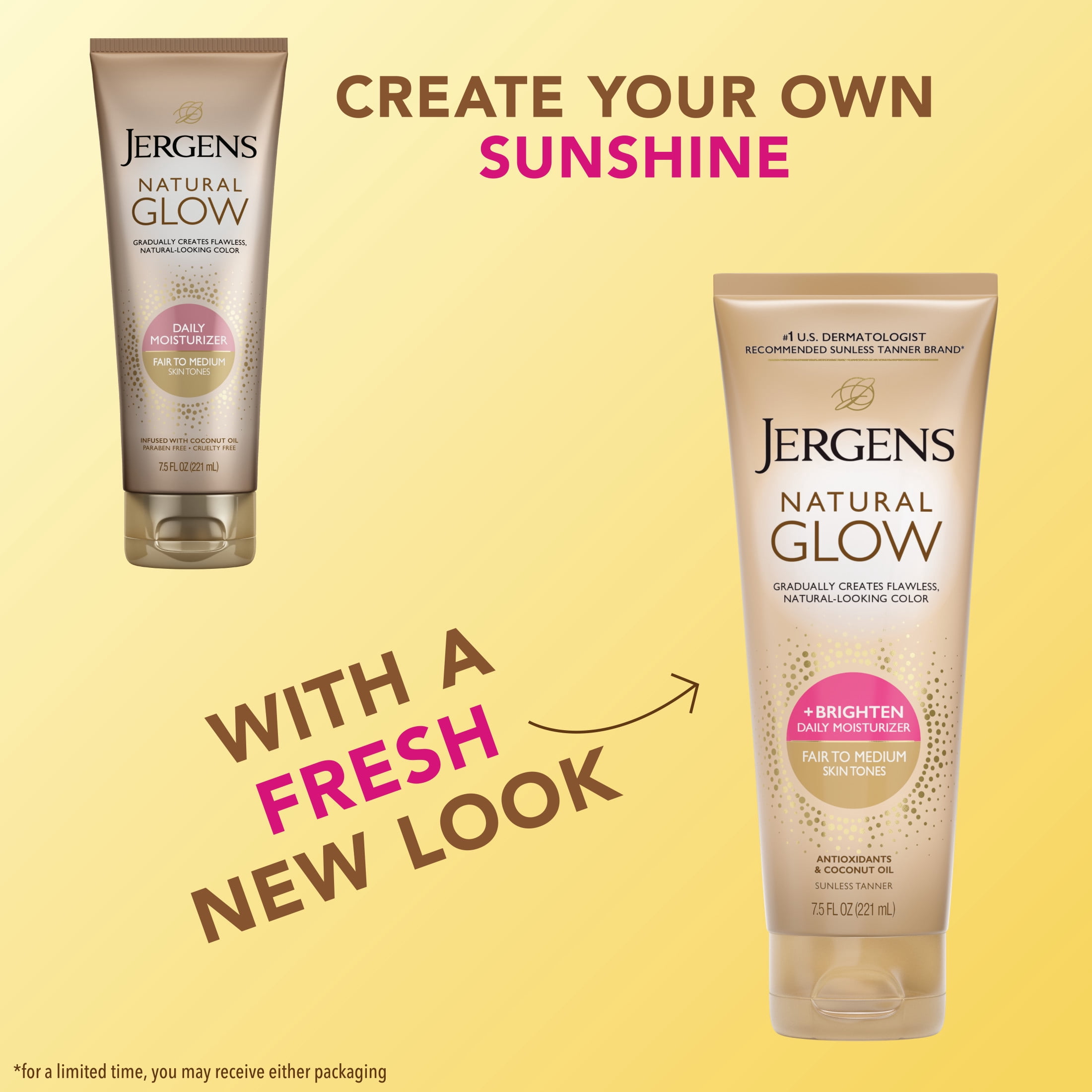 Jergens Natural Glow Daily Moisturizer Fair to Medium Skin, Sunless Self Tanning Lotion, 7.5 fl oz