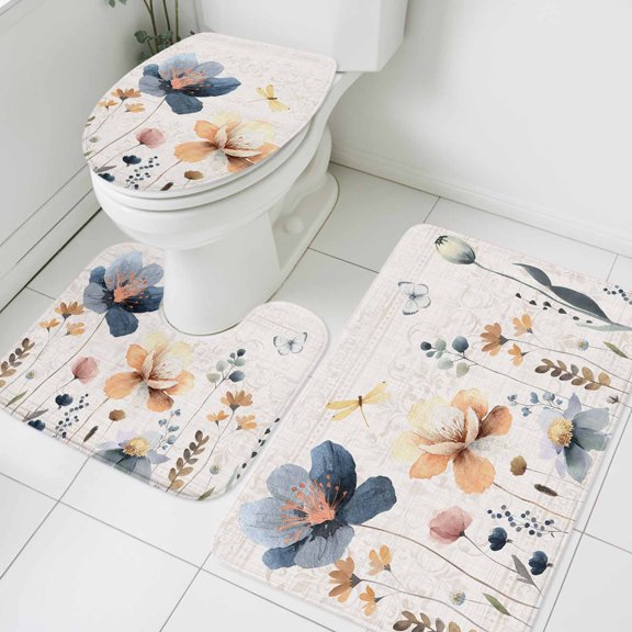 Blue Yellow Flower Bathroom Rugs Set Watercolor Spring Country Yellow Blue Floral Linen Texture Non Slip Absorbent Bath Mats 3 Piece Set, U-Shaped Floor Mat, Toilet Seat Cover Small Size