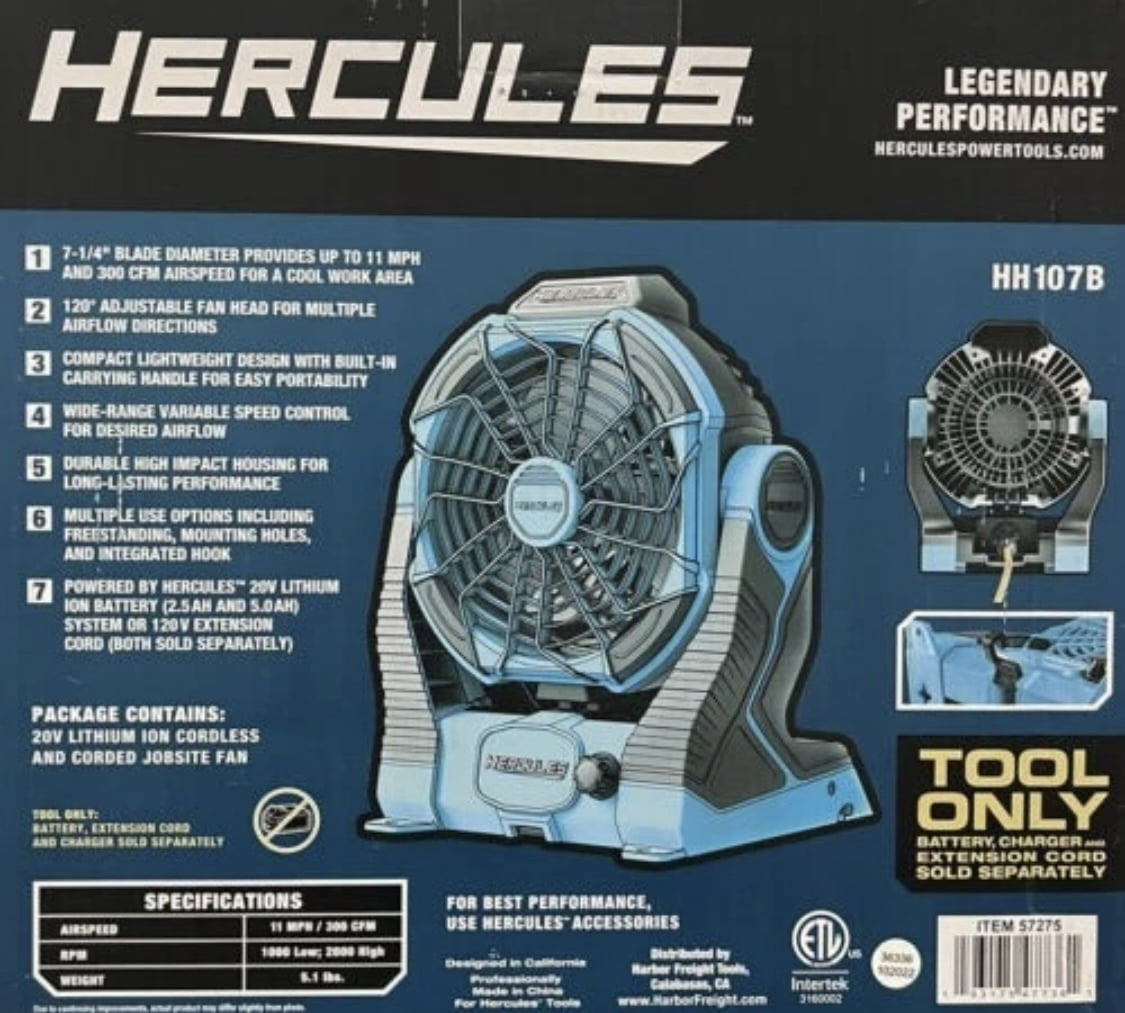 HERCULES Cordless Dual Power Fan 20/120v - Tool Only