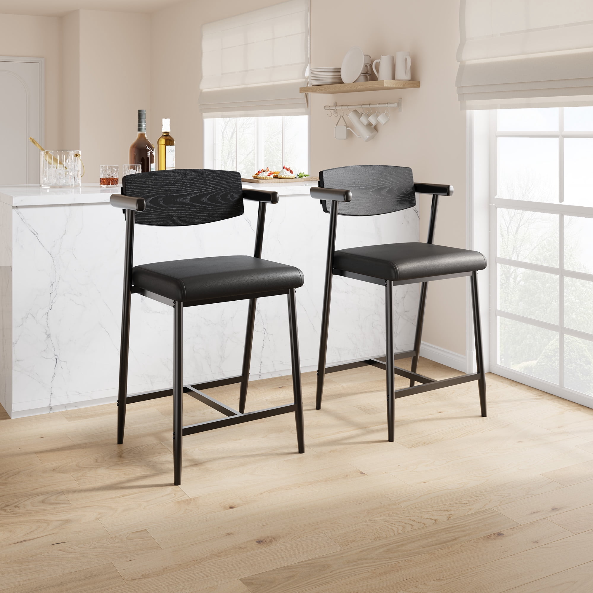 Modern Set of 2 Counter Height Bar Stools with Arms, Wooden Backrest, Wide Upholstered Seat, Metal Footrest – Easy Assembly, Perfect for Kitchen Island, Home Bar, Classic Black, Wooden Backrest