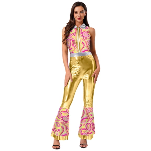 iiniim Womens 70s Disco Dance Shiny Metallic Flared Pants Romper for Night Club Halloween Cosplay Gold L