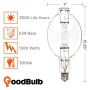 1500-Watt Metal Halide HID Light Bulb | E39 Base BT56 ANSI Code M48 | 3000K Soft White Color | Clear Finish | 3000 Life Hours | Pack of 2 Bulbs