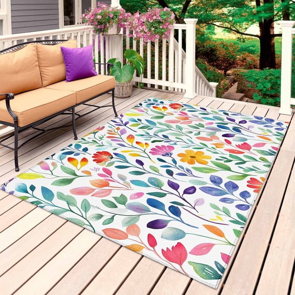 Colorful Summer Botanical Outdoor Rug for Patio/Deck/Porch, Non-Slip Large Area Rug 3 x 5 Ft, Spring Floral Leaf Abstract Art Indoor Outdoor Rugs Washable Area Rugs, Camping Rug Carpet Runner