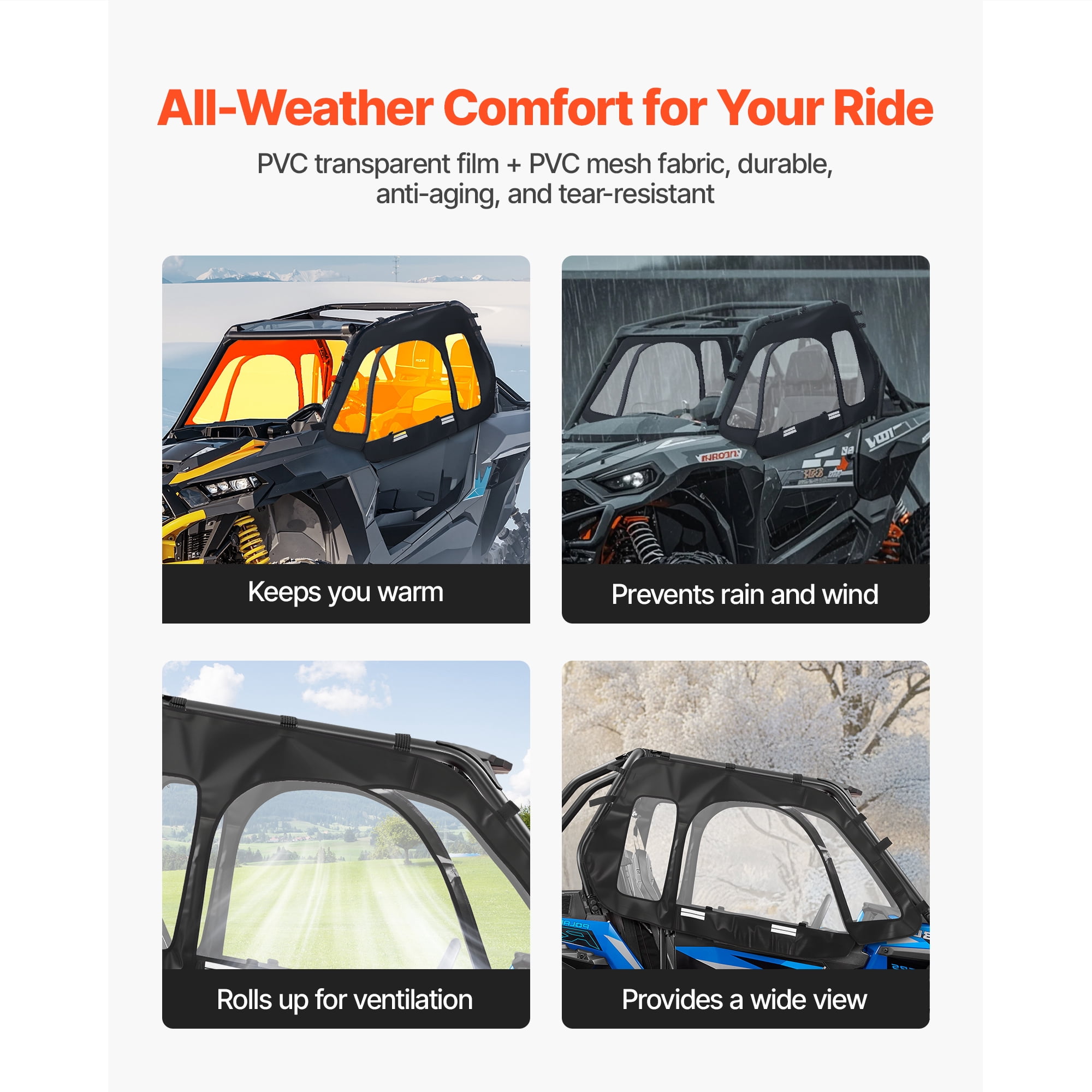 KFFKFF Cab Enclosure Upper Doors, Compatible with Polaris RZR XP 1000/XP Turbo 2014-2023, Soft Upper Doors, Windproof Zipper UTV Side Window Kit, Compatible with Side Mirrors and Windshields