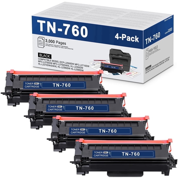 TN760 Toner Cartridge 4-Pack Black Compatible for Brother TN-760 TN 760 TN730 TN 730 TN-730 for MFC-L2710DW HL-L2370DW HL- DCP-L2550DW printer ink