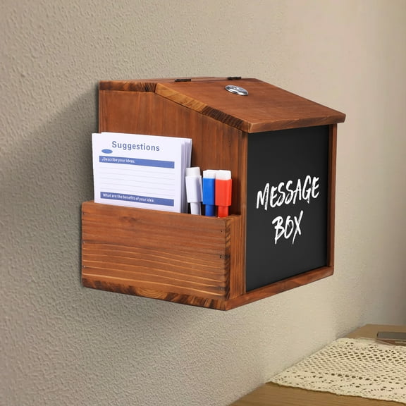 Grusce Wooden Suggestion Box with Slot and Lock, Rustic Burnt Wood Donation Box, Comment Ballot Prayer Tip Money Drop Box with 10 Suggestion Cards and 3 Erasable Pens for Home Office Restaurant