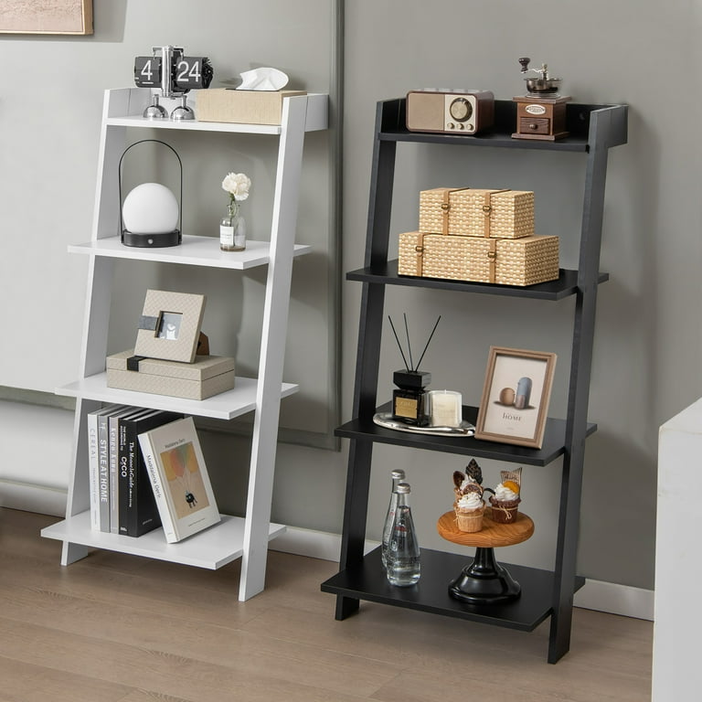 Costway 4 Tier Ladder Shelf Leaning Bookshelf withAnti falling Baffle Wood Bookcase Black