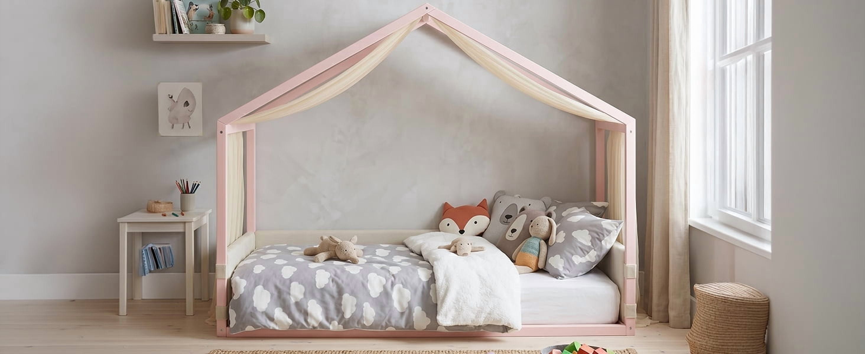 Mintazer Twin Size Montessori House Floor Bed with Breathable Gauze Canopy & Velvet Upholstered Side Guard Panels, Low Platform Kids Playhouse Bed Frame for Bedroom Guest Room, Pink