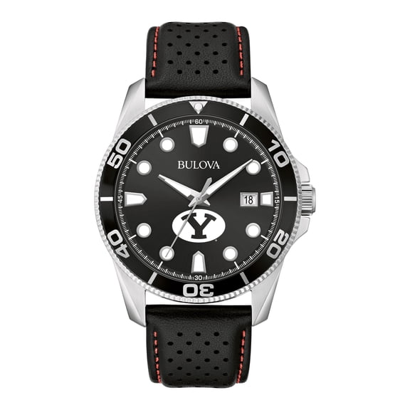 Men's Bulova Black BYU Cougars Corporate Collection Leather Strap Watch